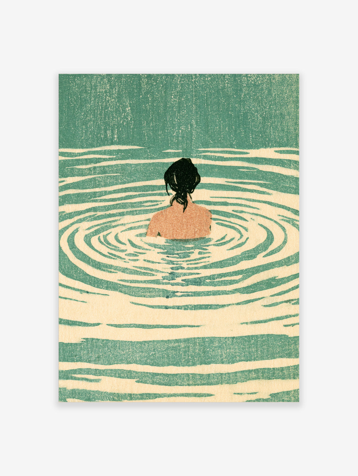 Minimalist poster of a woman swimming in green water with cream ripples, seen from behind