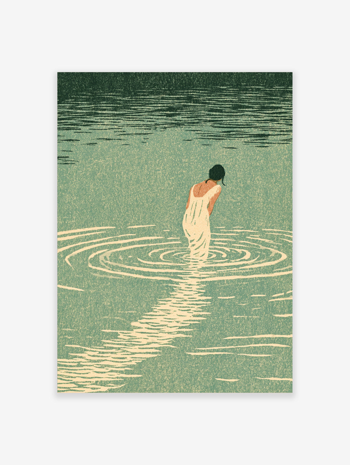 Green water ripples art print of a woman in a white dress standing in still water