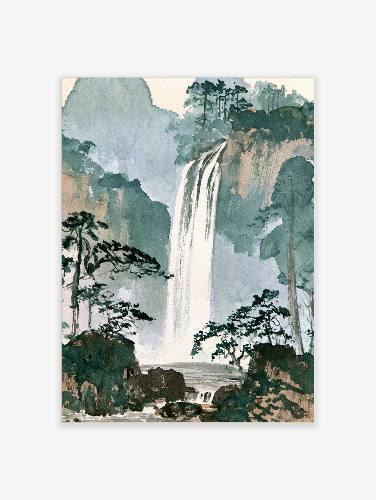 Green waterfall poster with white cascade, pine trees and misty blue mountains in Japanese landscape style