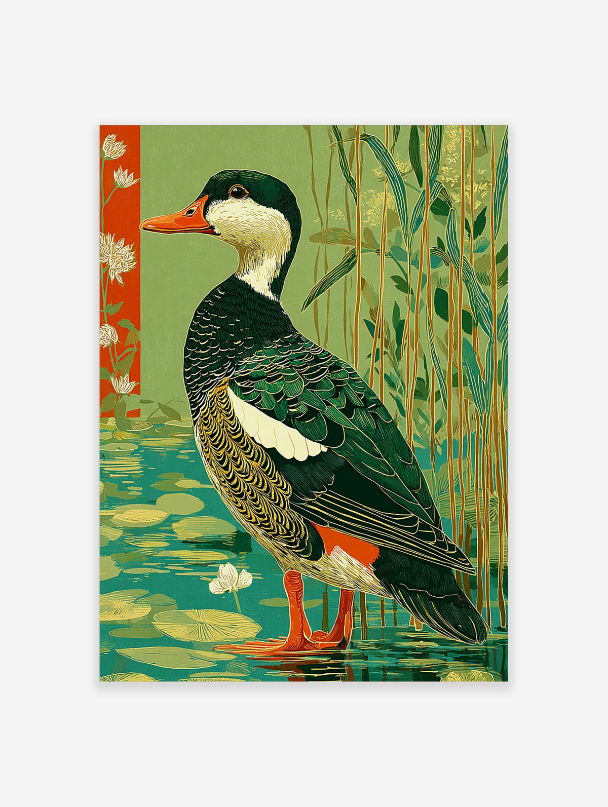 Illustrative green waterfowl duck standing in water with lily pads, reeds, and a red floral border