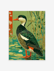 Illustrative green waterfowl duck standing in water with lily pads, reeds, and a red floral border