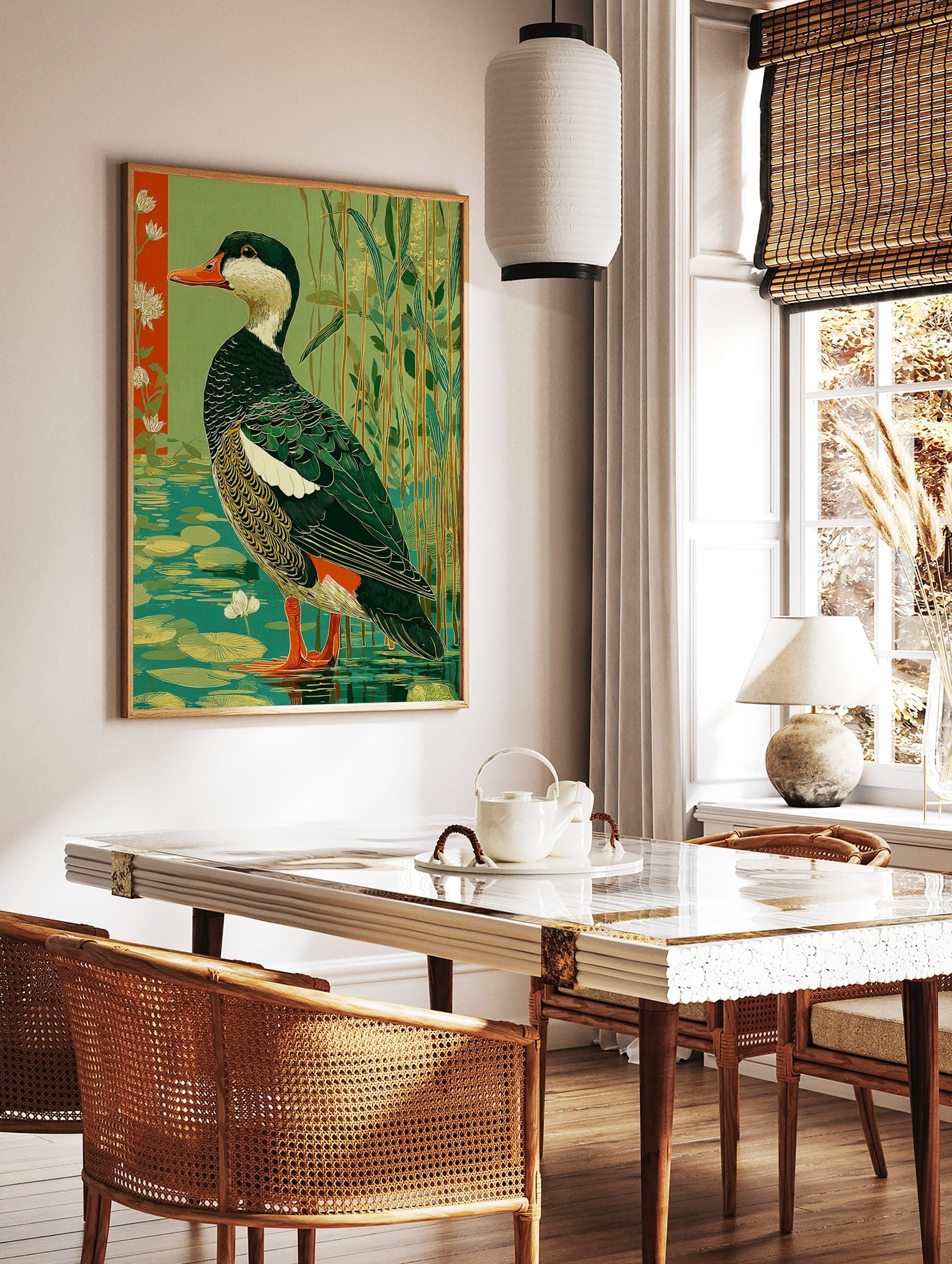 Illustrative green waterfowl duck standing in water with lily pads, reeds, and a red floral border, in a styled room mockup