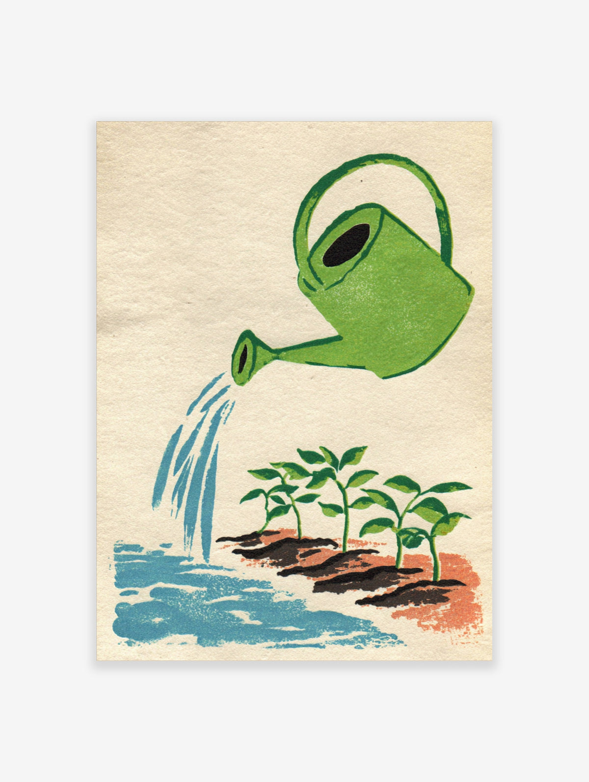 Green watering can pouring blue water over young seedlings in brown soil, plant growth art print