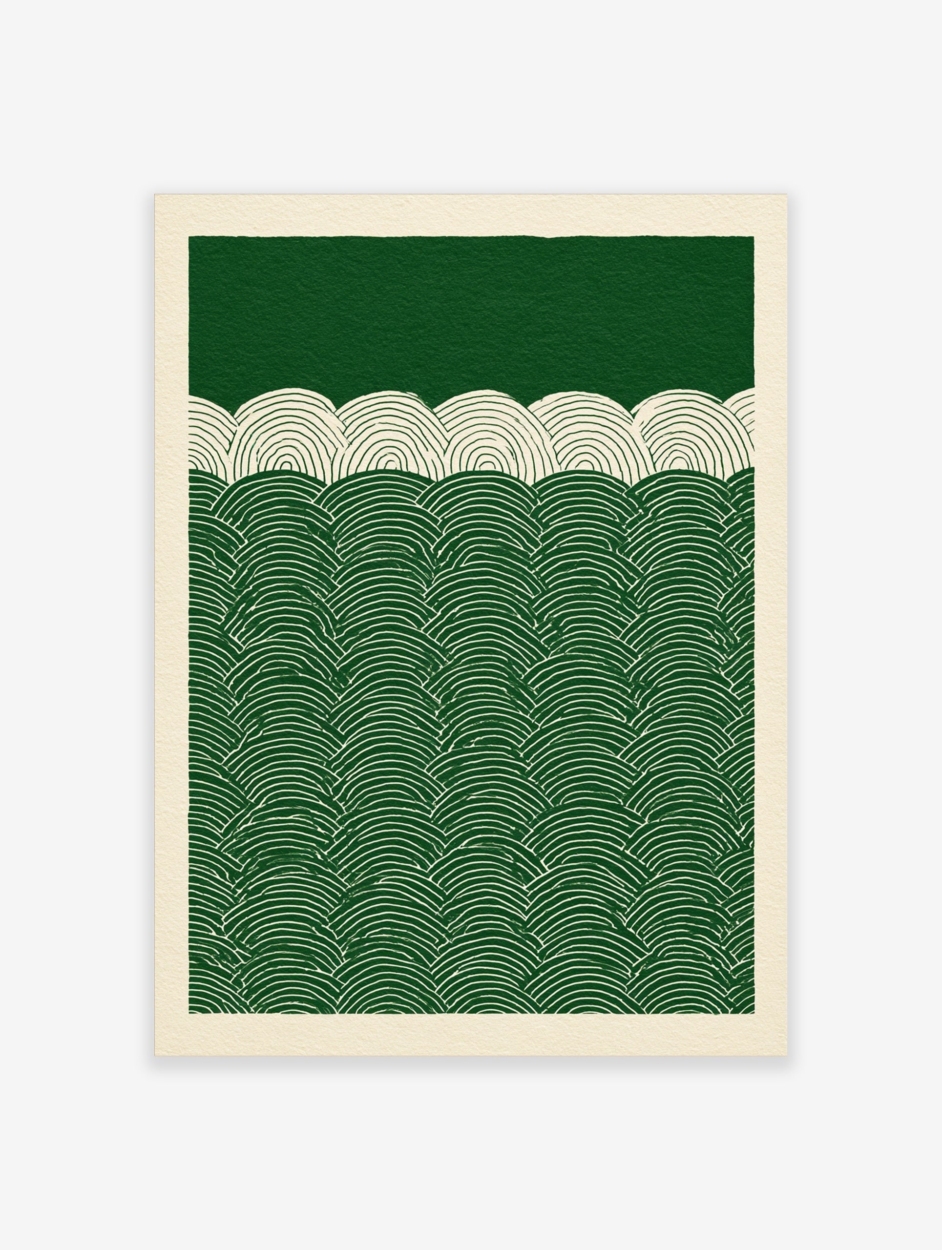Green and white abstract wave pattern print with repeating semicircular lines in a graphic, modern style