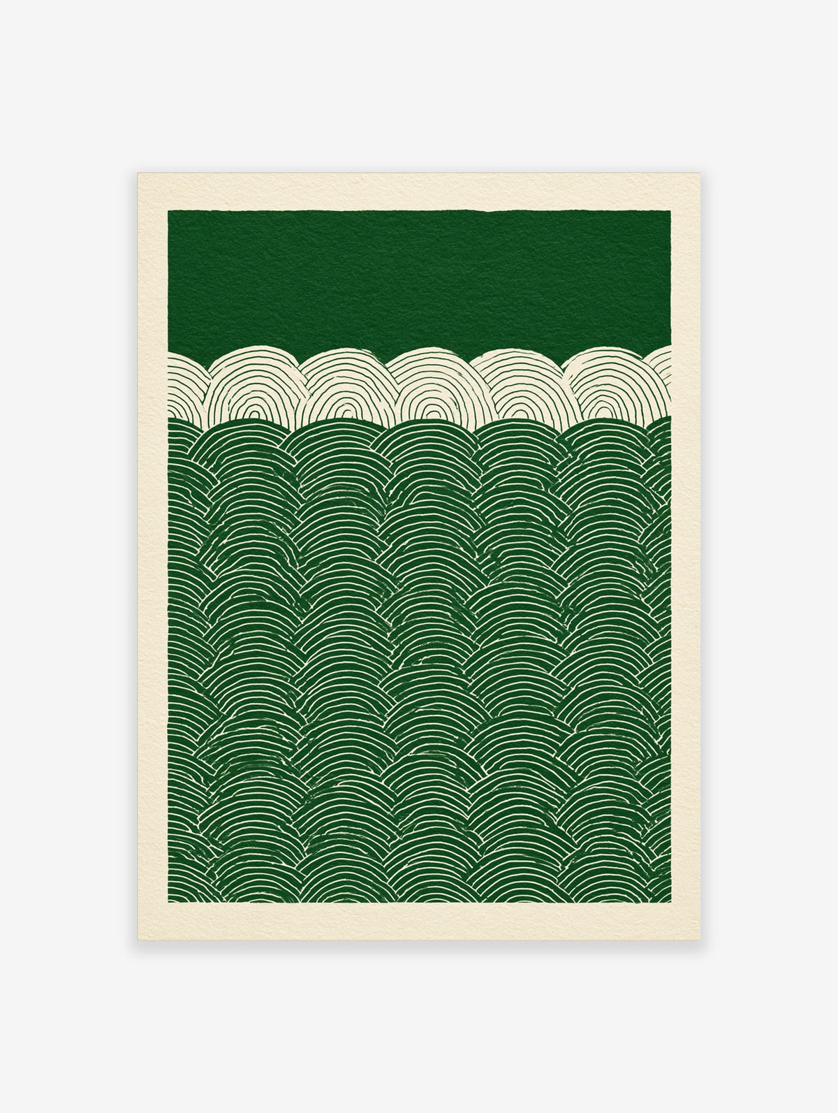Green and white abstract wave pattern print with repeating semicircular lines in a graphic, modern style