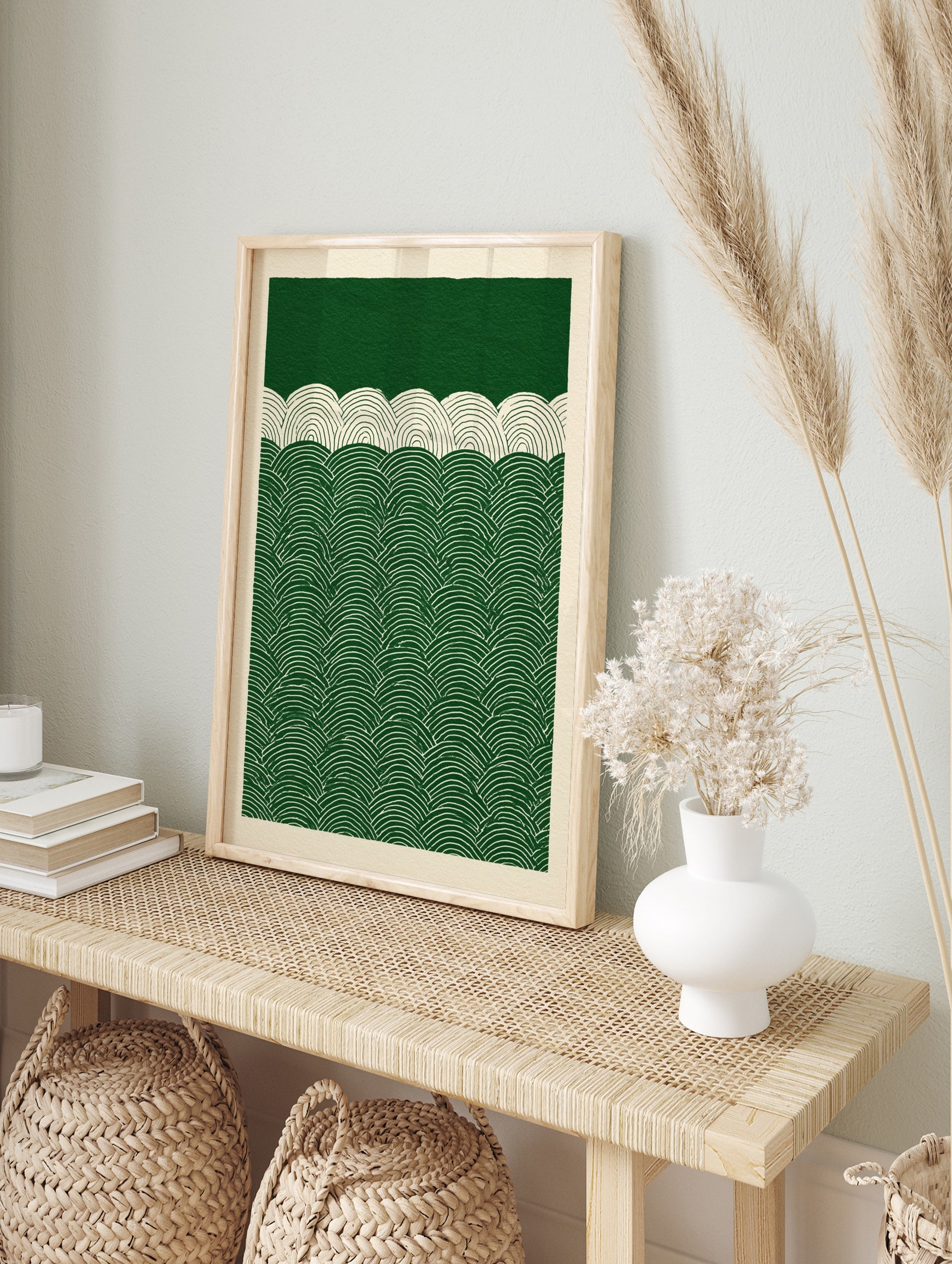 Green and white abstract wave pattern print with repeating semicircular lines in a graphic, in an alternate framed mockup