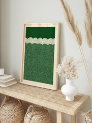 Green and white abstract wave pattern print with repeating semicircular lines in a graphic, in an alternate framed mockup