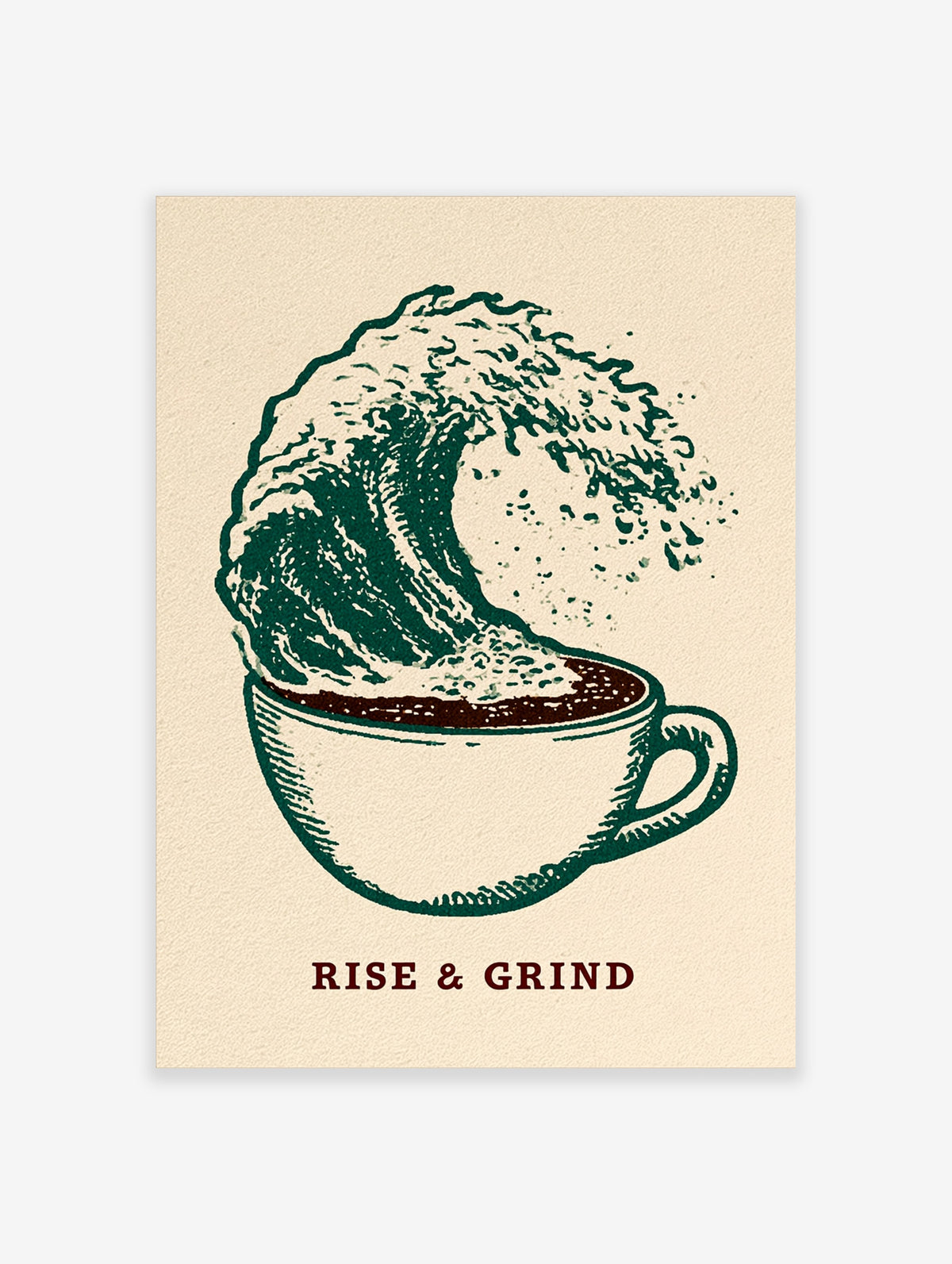 Green wave coffee art print with Rise & Grind text and a cup on beige background