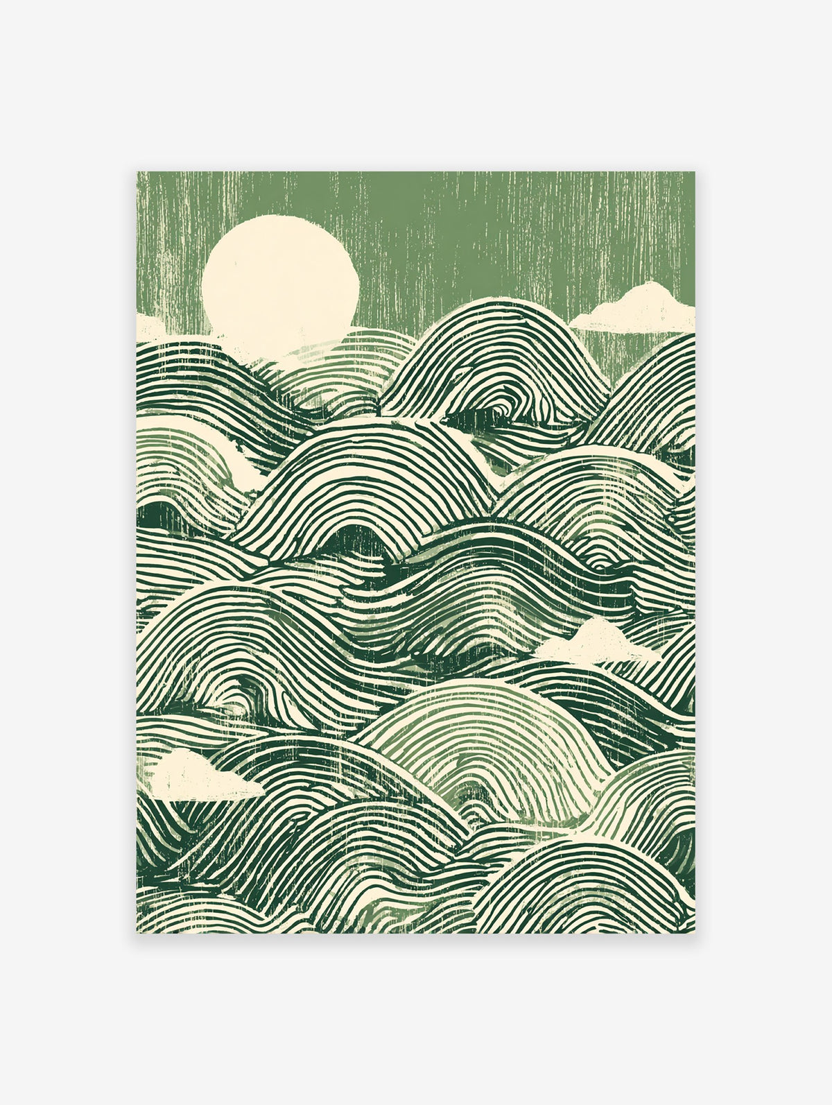 Green waves poster with stylized ocean ripples, a circular sun, and clouds in a linocut-inspired art style.