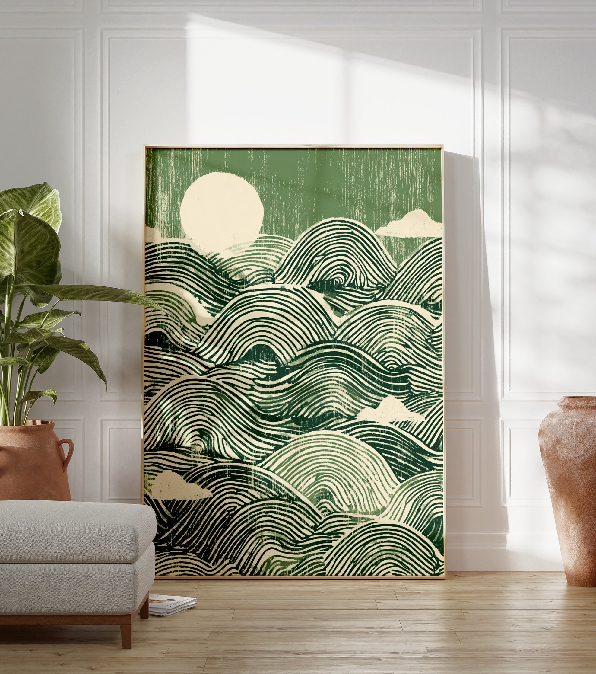 Green waves poster with stylized ocean ripples, a circular sun, and clouds in a linocut-inspired art style. - Image 3