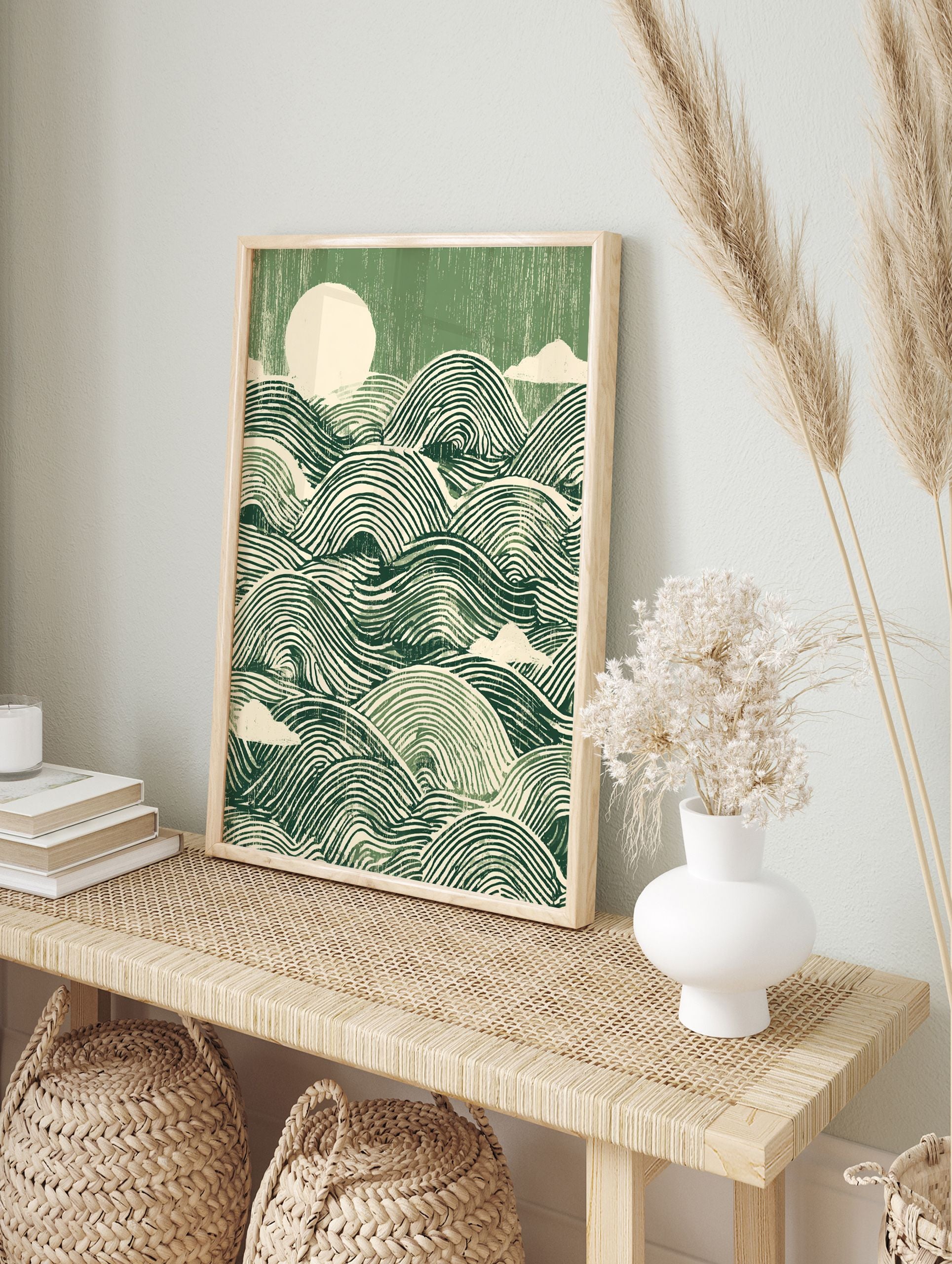 Green waves poster with stylized ocean ripples, a circular sun, and clouds in a linocut-inspired art style. - Image 4