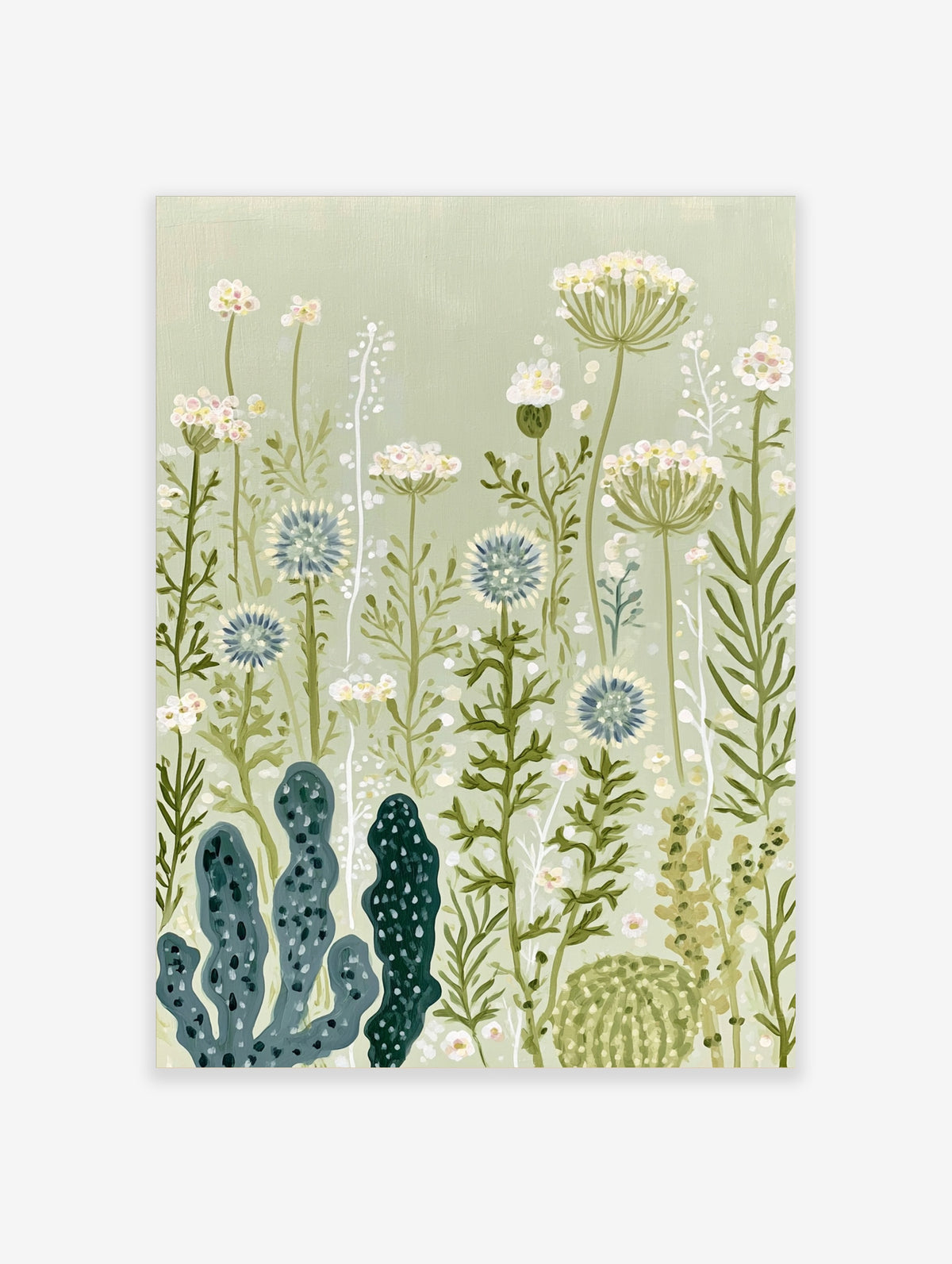Green wildflower poster with blue globe thistles, white umbellifers and dark cactus forms on sage background