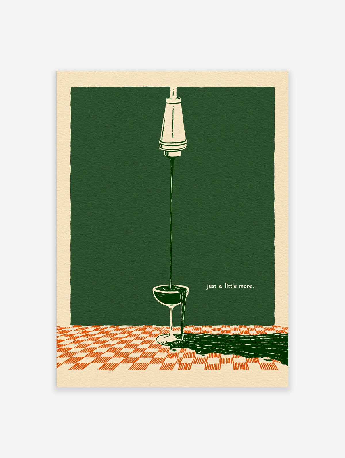 Green wine glass poster with liquid pouring from a lamp into a glass on a check tablecloth