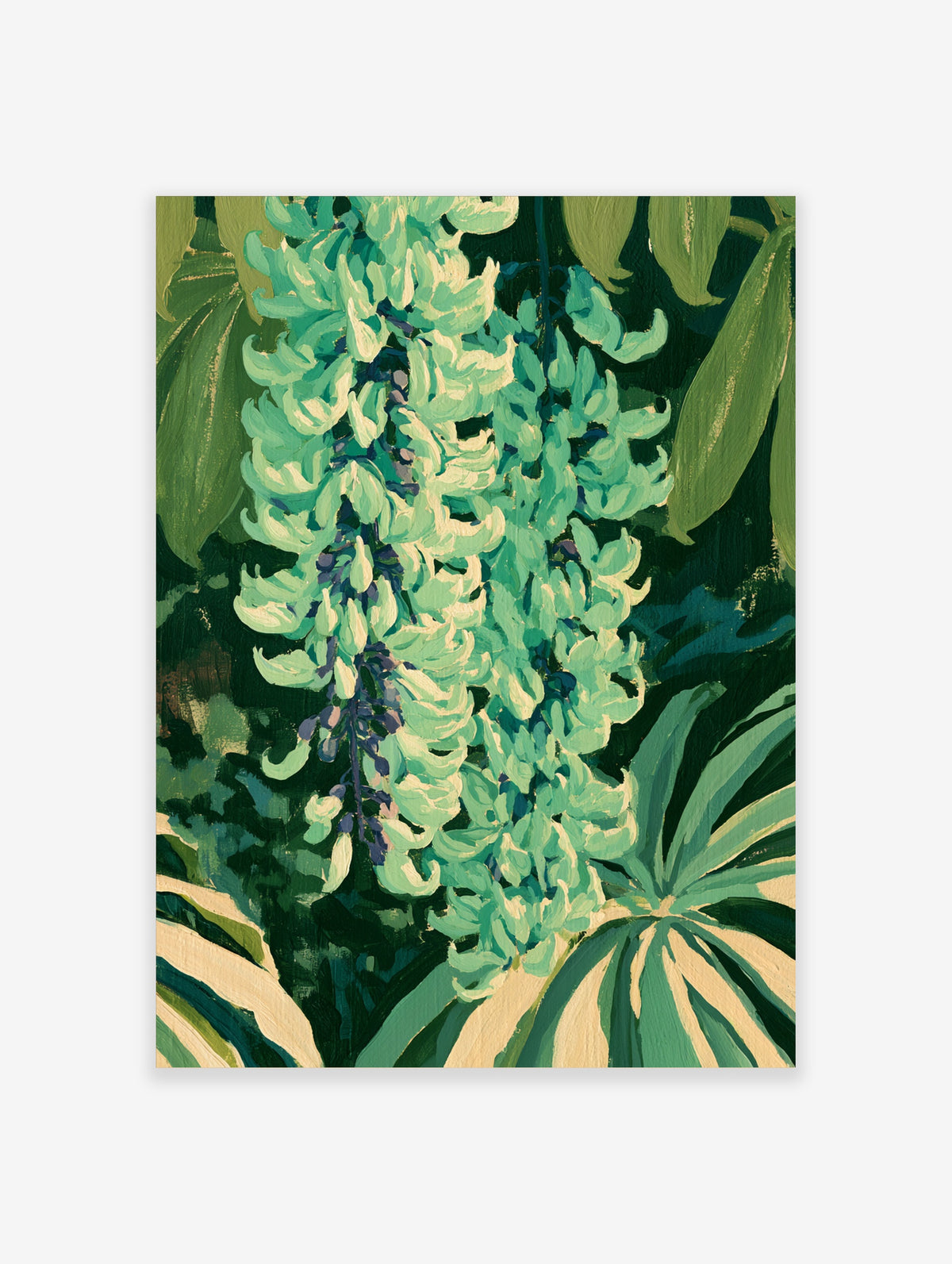 Green wisteria flower botanical art print with cascading mint blooms and dark leaves