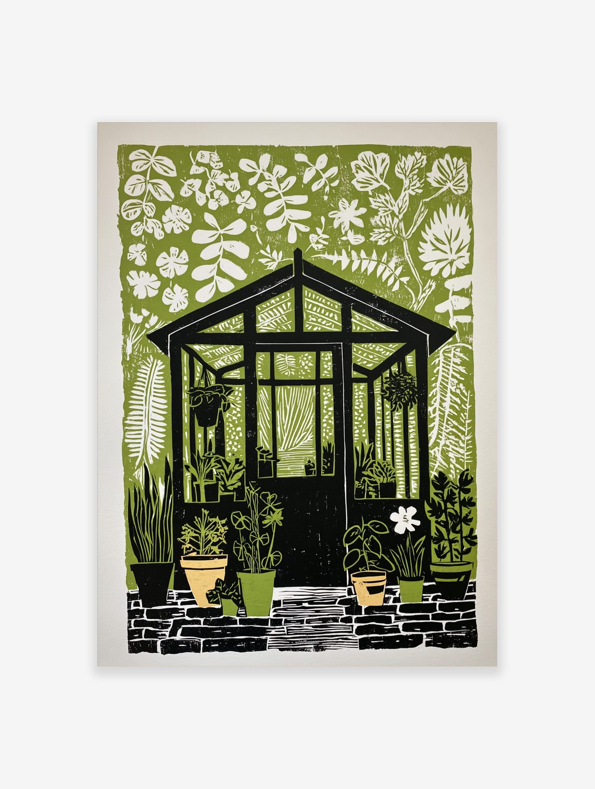 Greenhouse wall art with black structure, white foliage, and potted plants on a green background