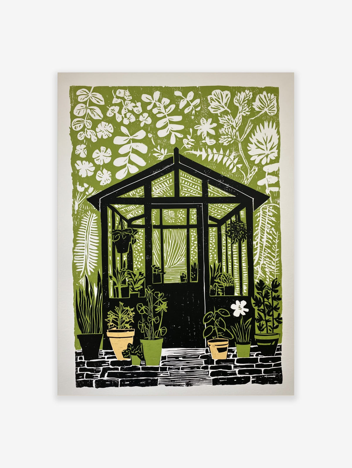 Greenhouse wall art with black structure, white foliage, and potted plants on a green background