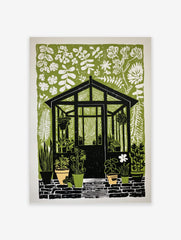 Greenhouse wall art with black structure, white foliage, and potted plants on a green background