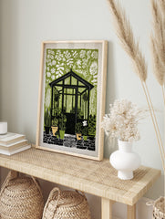 Greenhouse wall art with black structure, white foliage, and potted plants on a green, in an alternate framed mockup