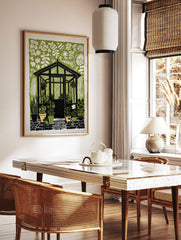 Greenhouse wall art with black structure, white foliage, and potted plants on a green background, in a styled room mockup