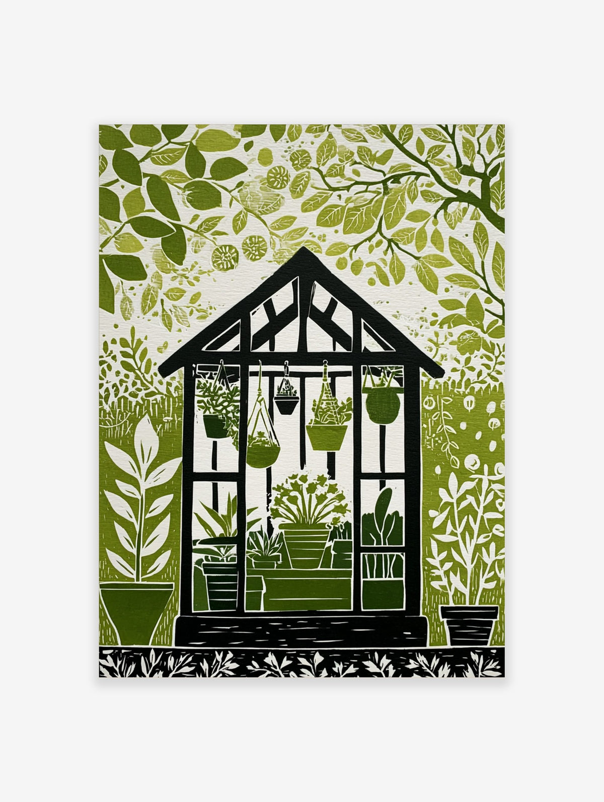 Illustrative green and white greenhouse botanical print with potted plants and surrounding foliage