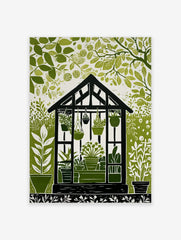 Illustrative green and white greenhouse botanical print with potted plants and surrounding foliage