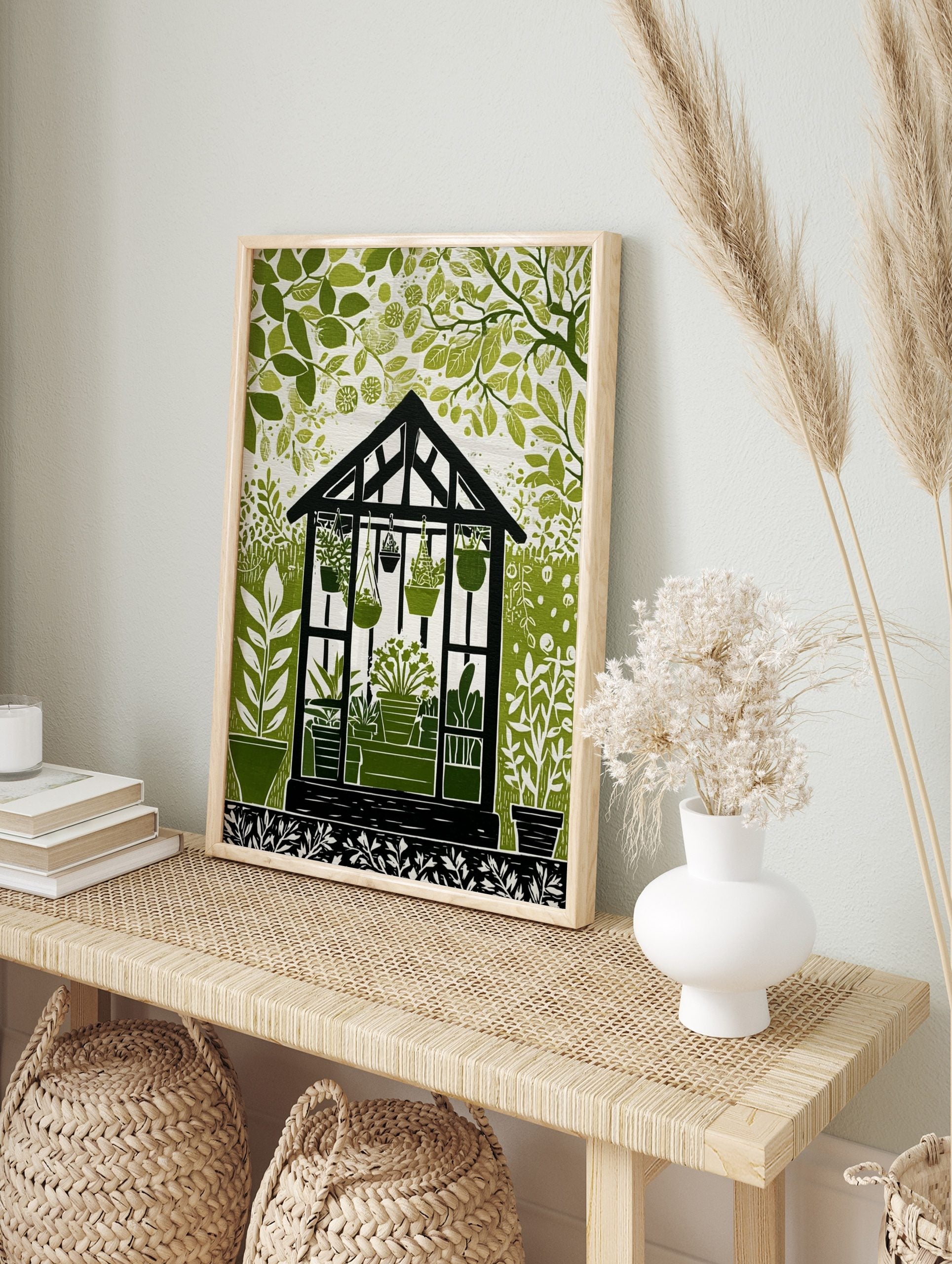 Illustrative green and white greenhouse botanical print with potted plants and surrounding, in an alternate framed mockup