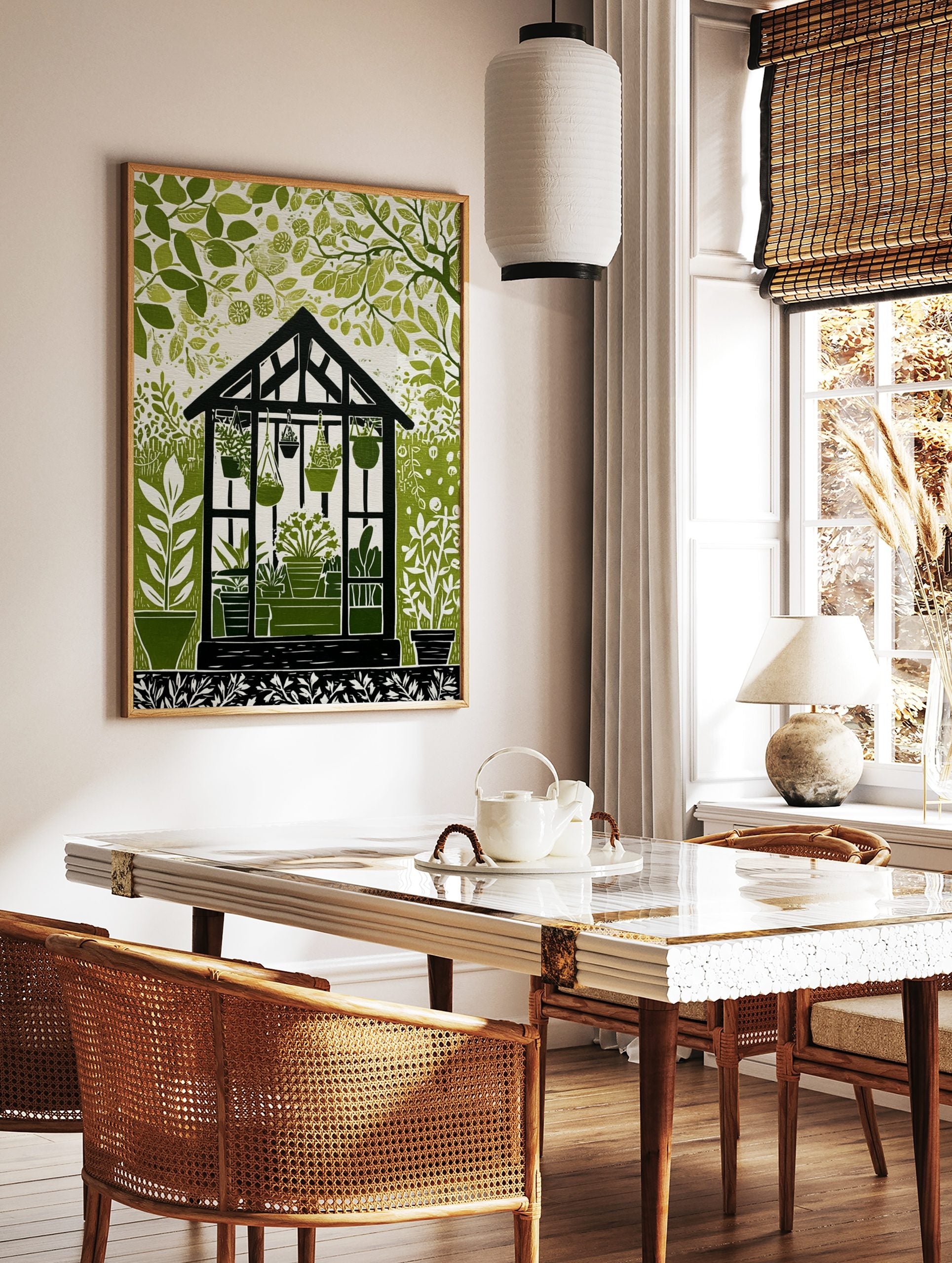 Illustrative green and white greenhouse botanical print with potted plants and surrounding foliage, in a styled room mockup