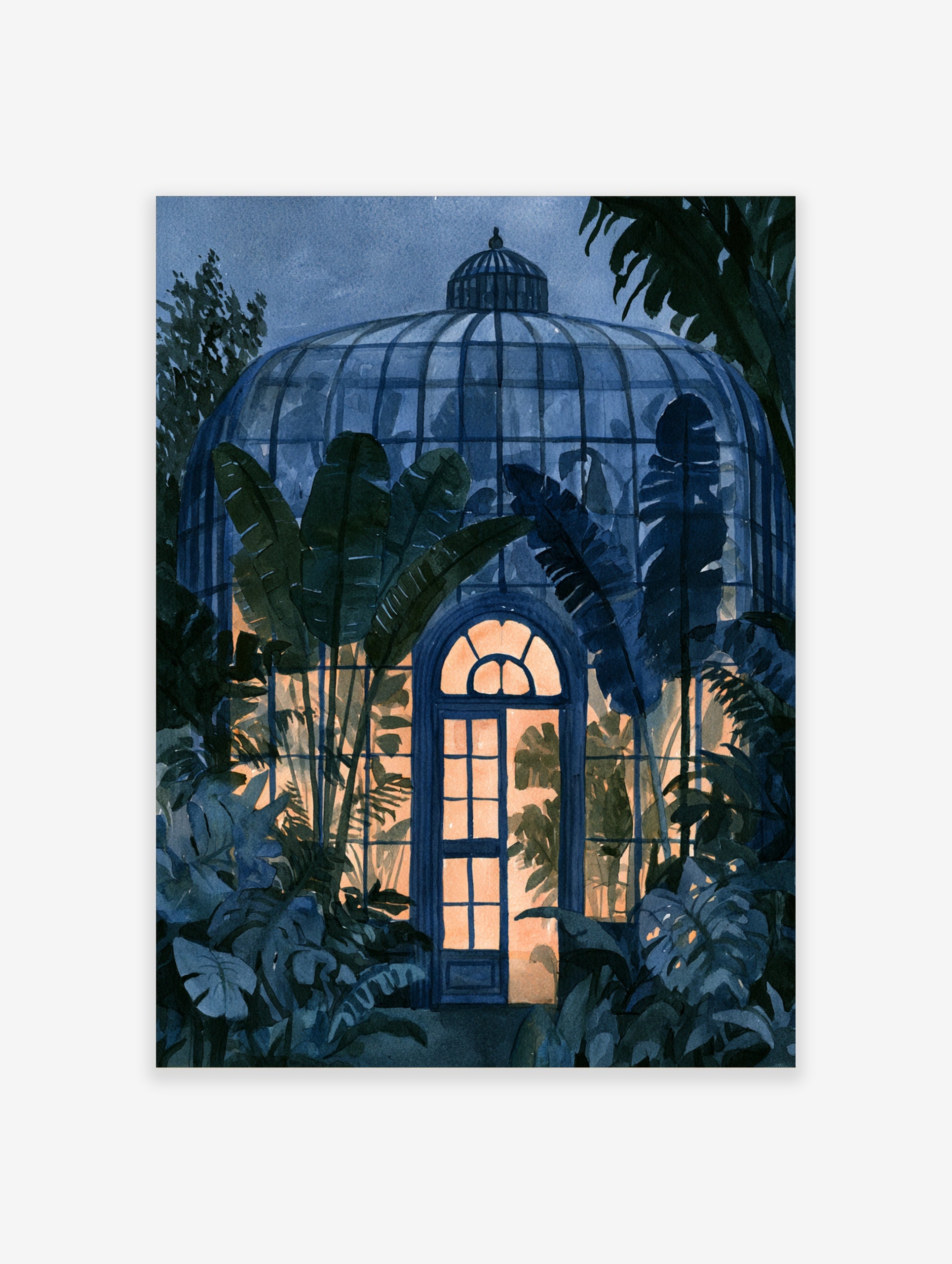 Watercolor illustration of a tropical greenhouse at night with glowing interior light and dense surrounding foliage