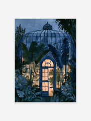 Watercolor illustration of a tropical greenhouse at night with glowing interior light and dense surrounding foliage