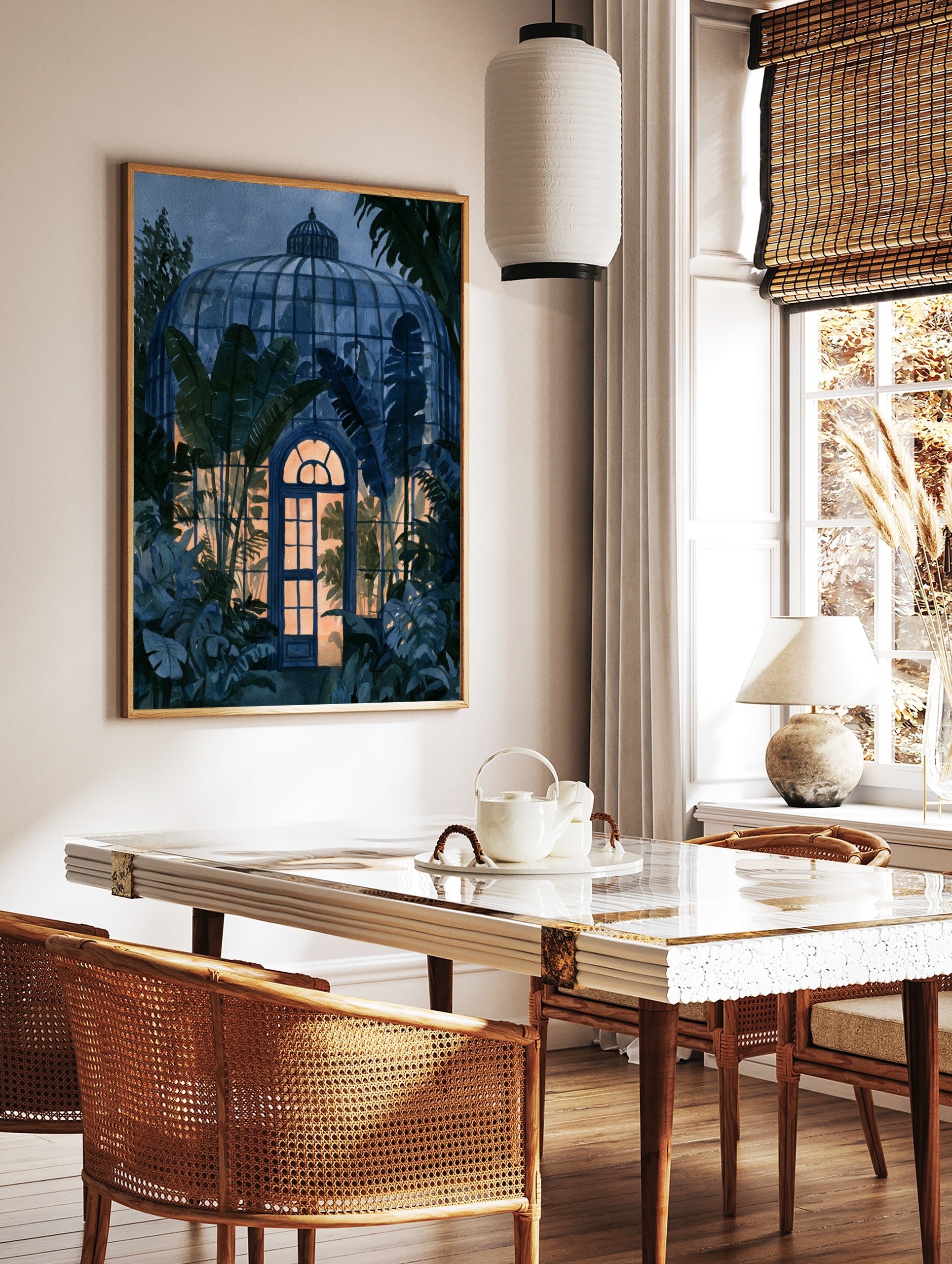 Watercolor illustration of a tropical greenhouse at night with glowing interior light and dense, in a styled room mockup