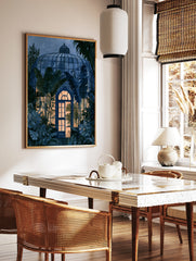 Watercolor illustration of a tropical greenhouse at night with glowing interior light and dense, in a styled room mockup