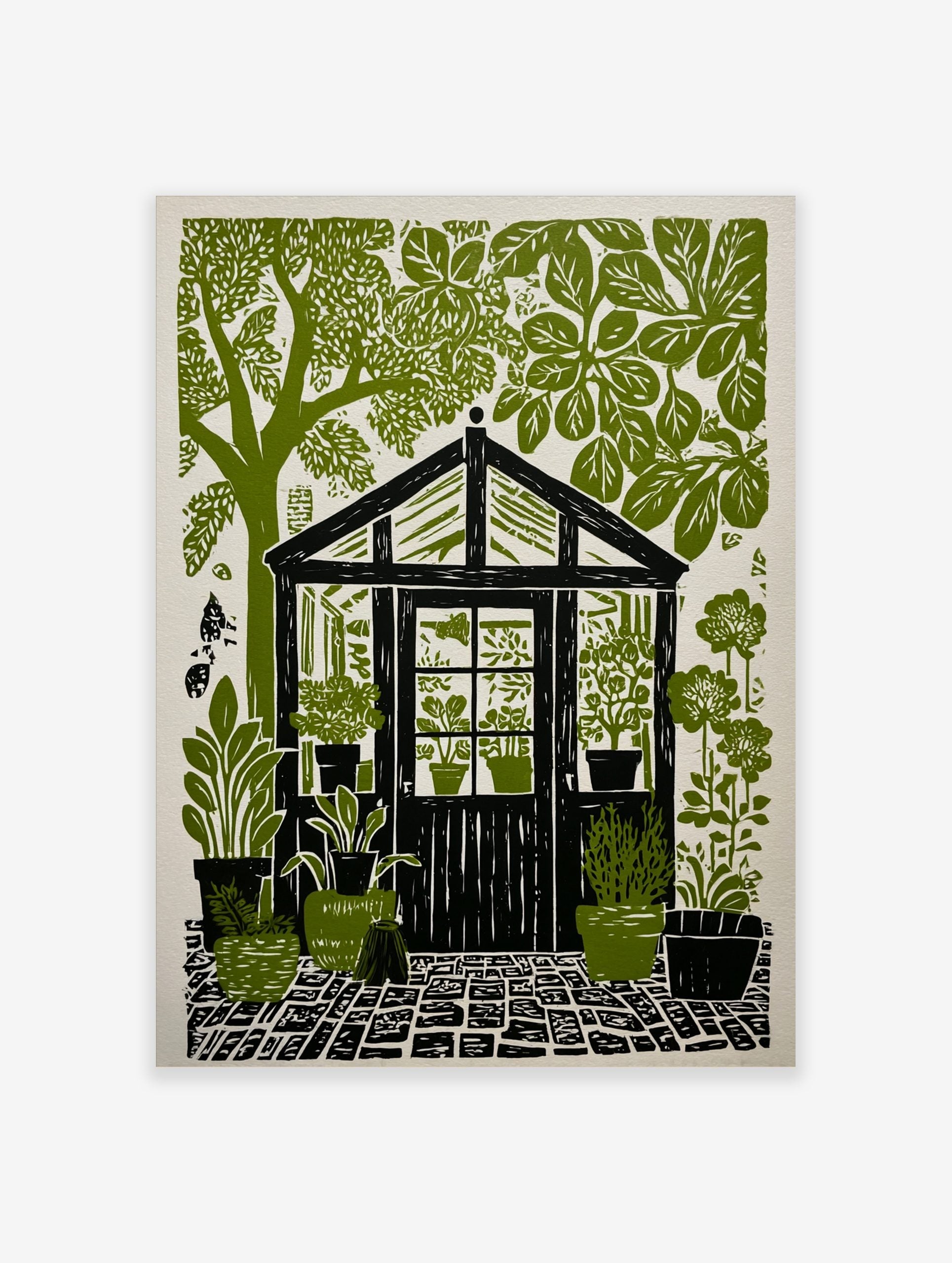 Greenhouse garden linocut print with potted plants, lush trees, and cobblestone path in green and black