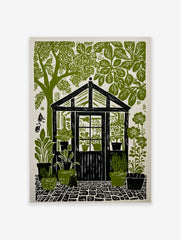 Greenhouse garden linocut print with potted plants, lush trees, and cobblestone path in green and black