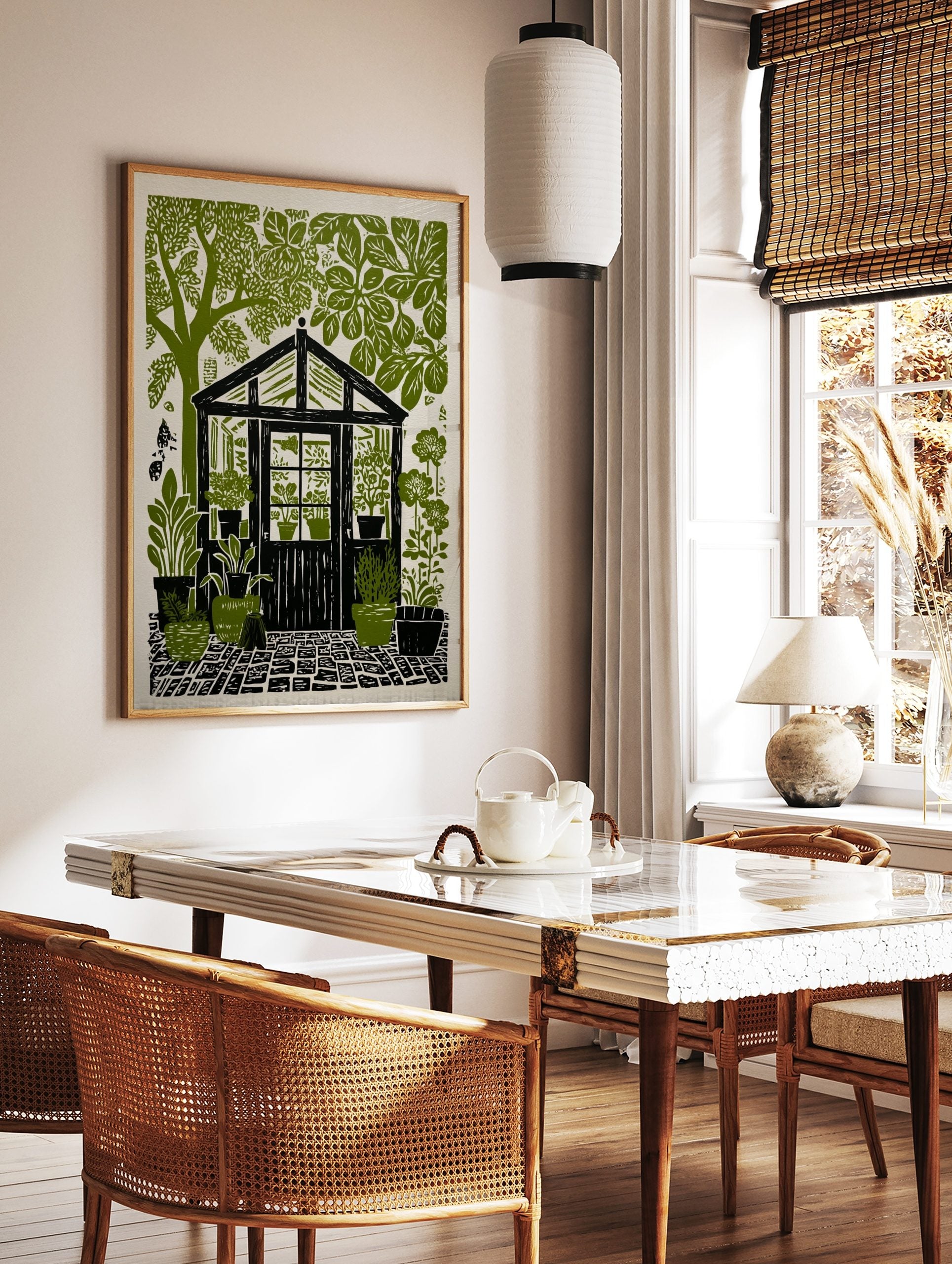 Greenhouse garden linocut print with potted plants, lush trees, and cobblestone path in green and, in a styled room mockup