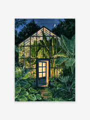 Illustration of a glowing greenhouse at night surrounded by lush tropical banana leaves under a starry sky