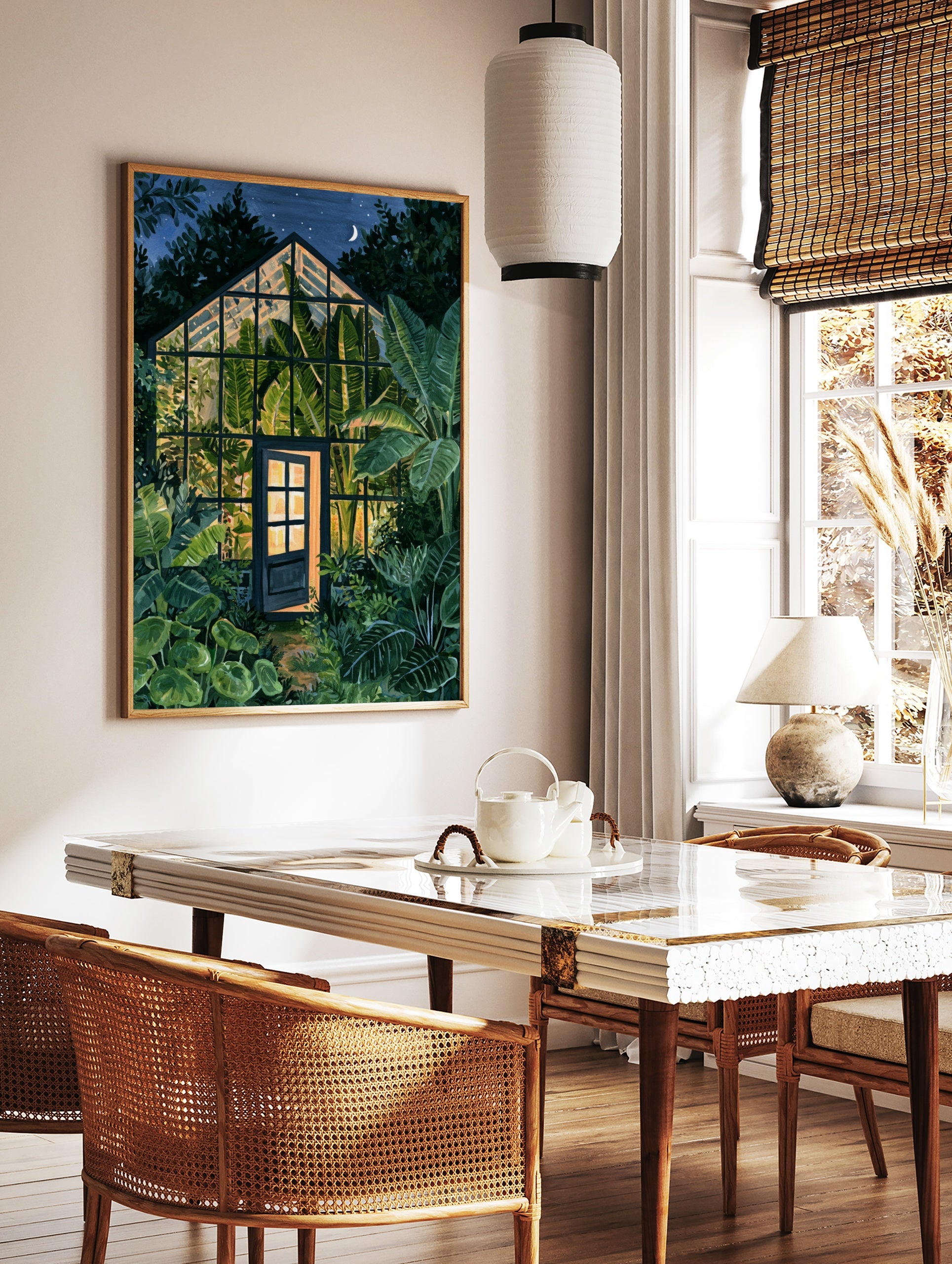 Illustration of a glowing greenhouse at night surrounded by lush tropical banana leaves under a, in a styled room mockup