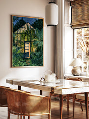 Illustration of a glowing greenhouse at night surrounded by lush tropical banana leaves under a, in a styled room mockup