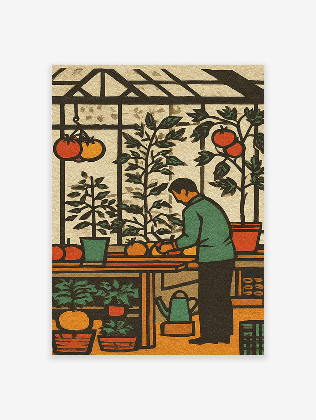 Greenhouse tomato harvest poster with gardener tending orange tomatoes in terracotta pots under glass roof
