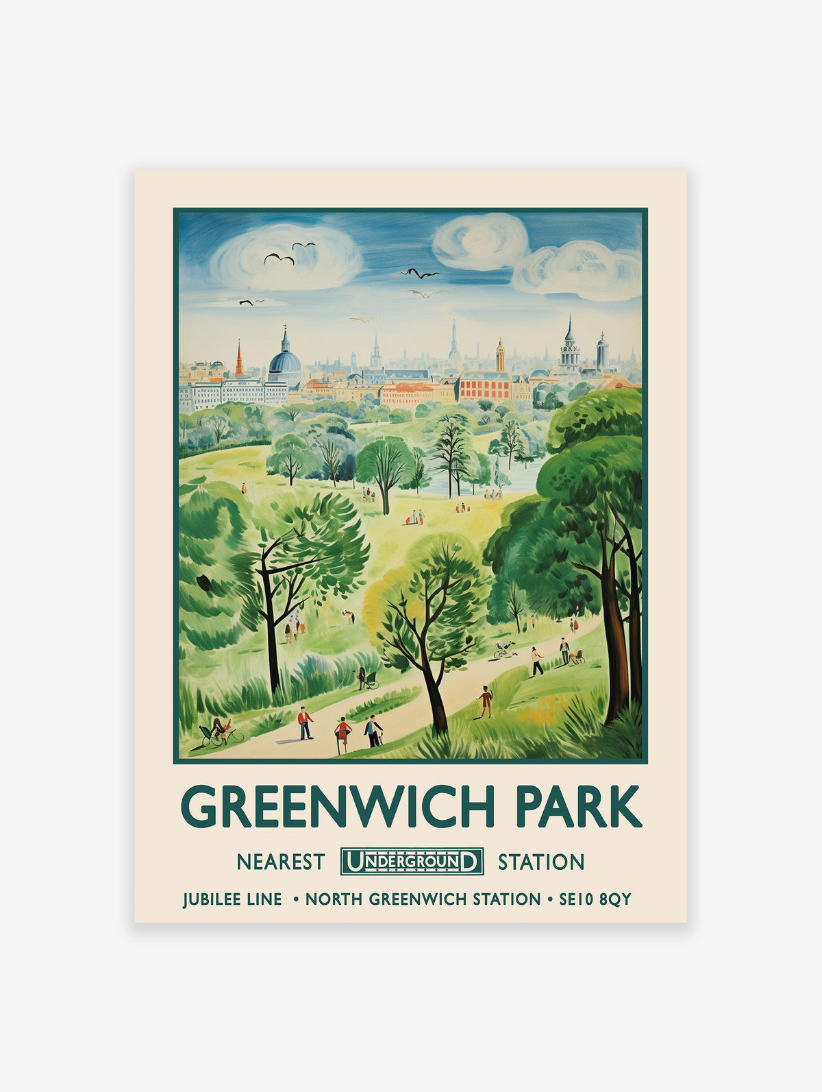Greenwich Park travel poster featuring a lush green landscape, park visitors, and a distant city skyline.