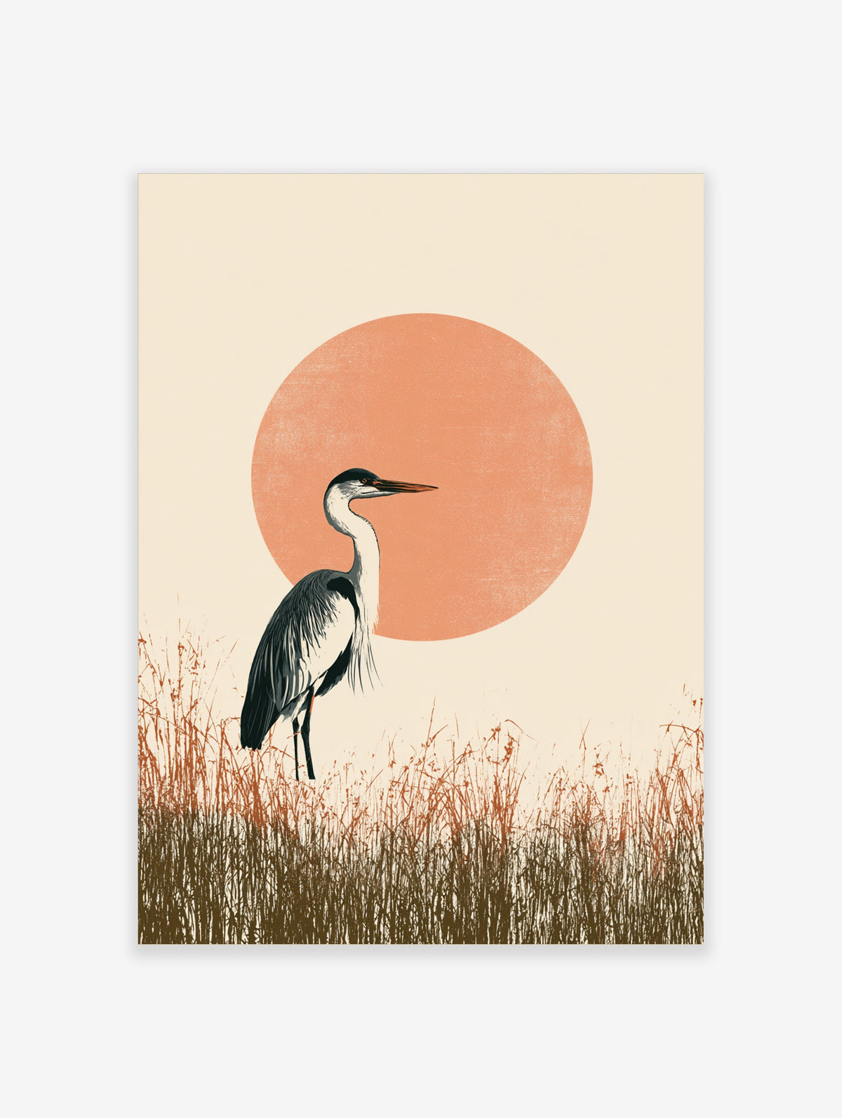 Grey heron bird art print standing in tall grasses with a large coral sun on a cream background