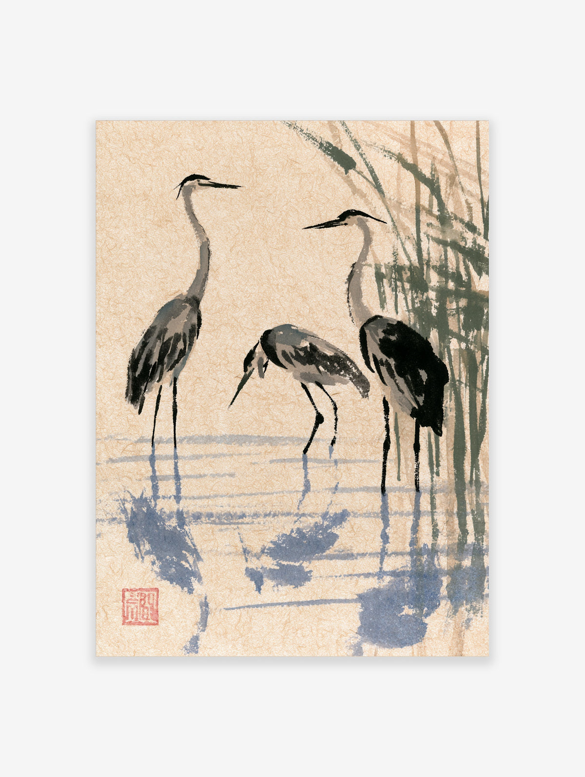 Grey heron ink wash art print with three wading birds, blue reflections and green reeds on beige paper