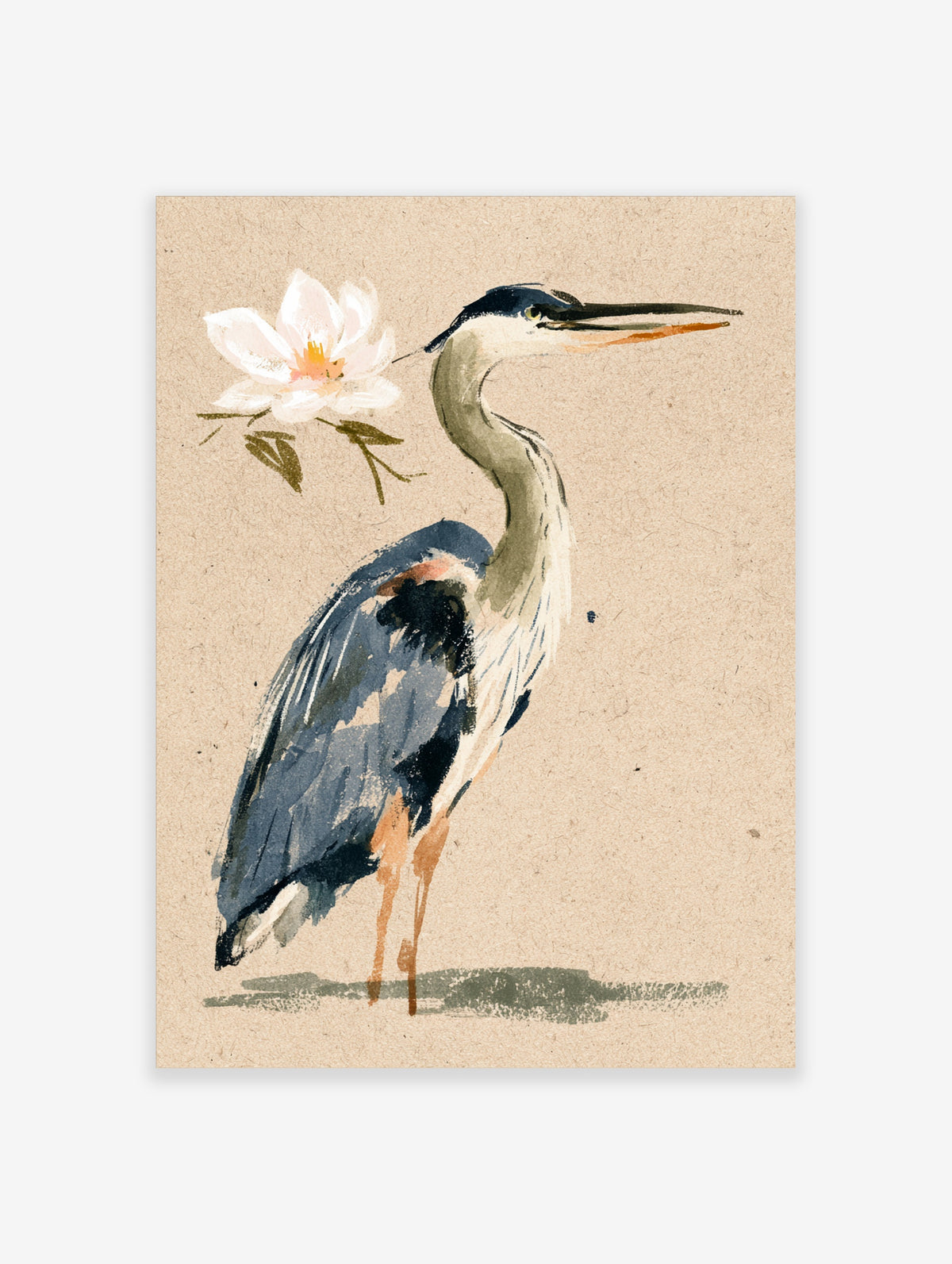 Grey heron bird art print with white flower on textured beige background