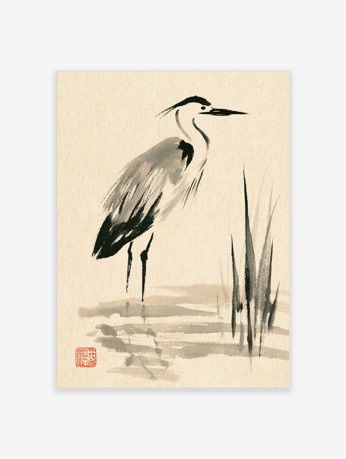 Grey heron Japanese ink wash print with tall reeds and water reflections on beige background