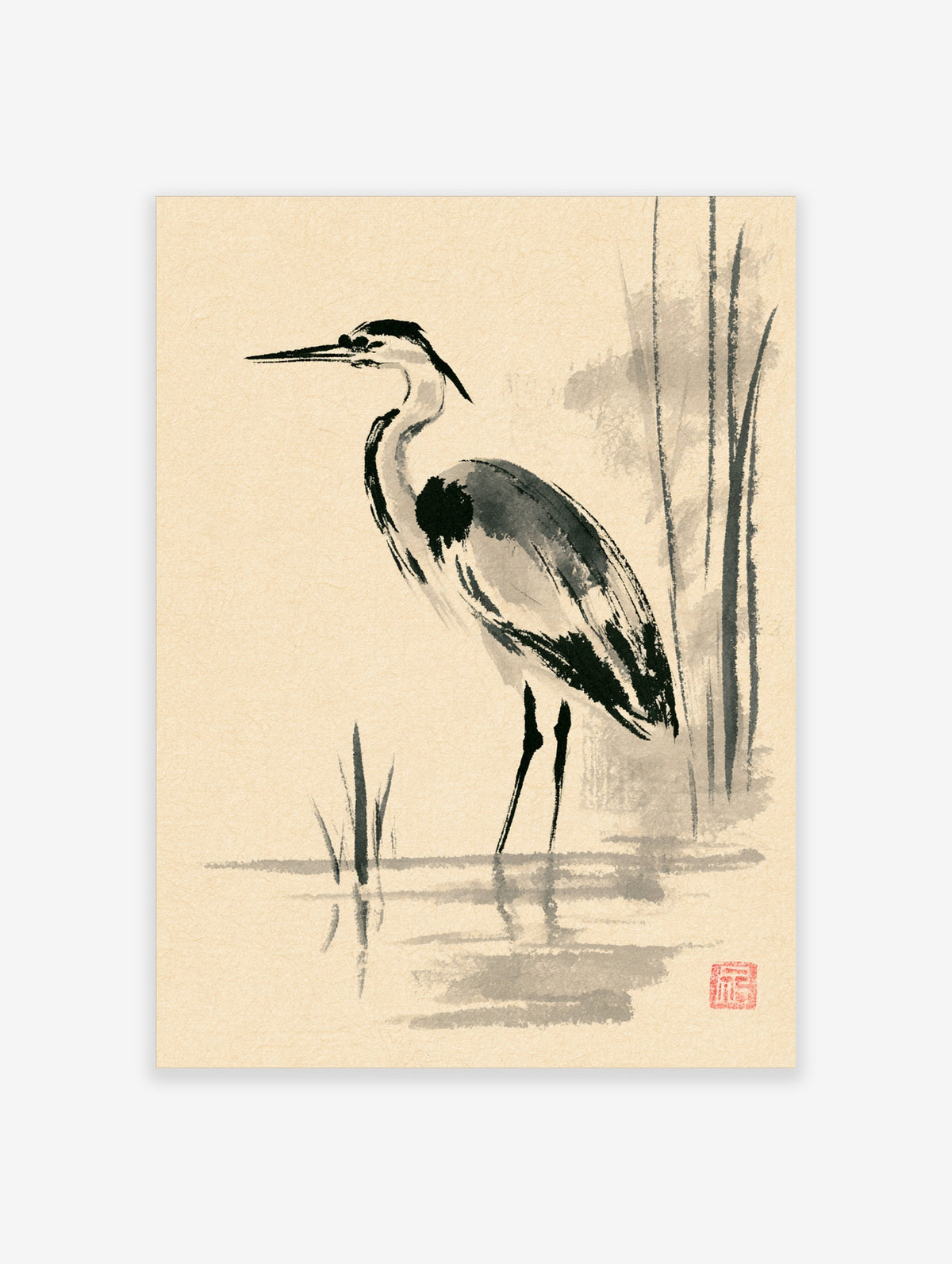 Japanese ink wash grey heron art print with reeds and red seal on cream paper