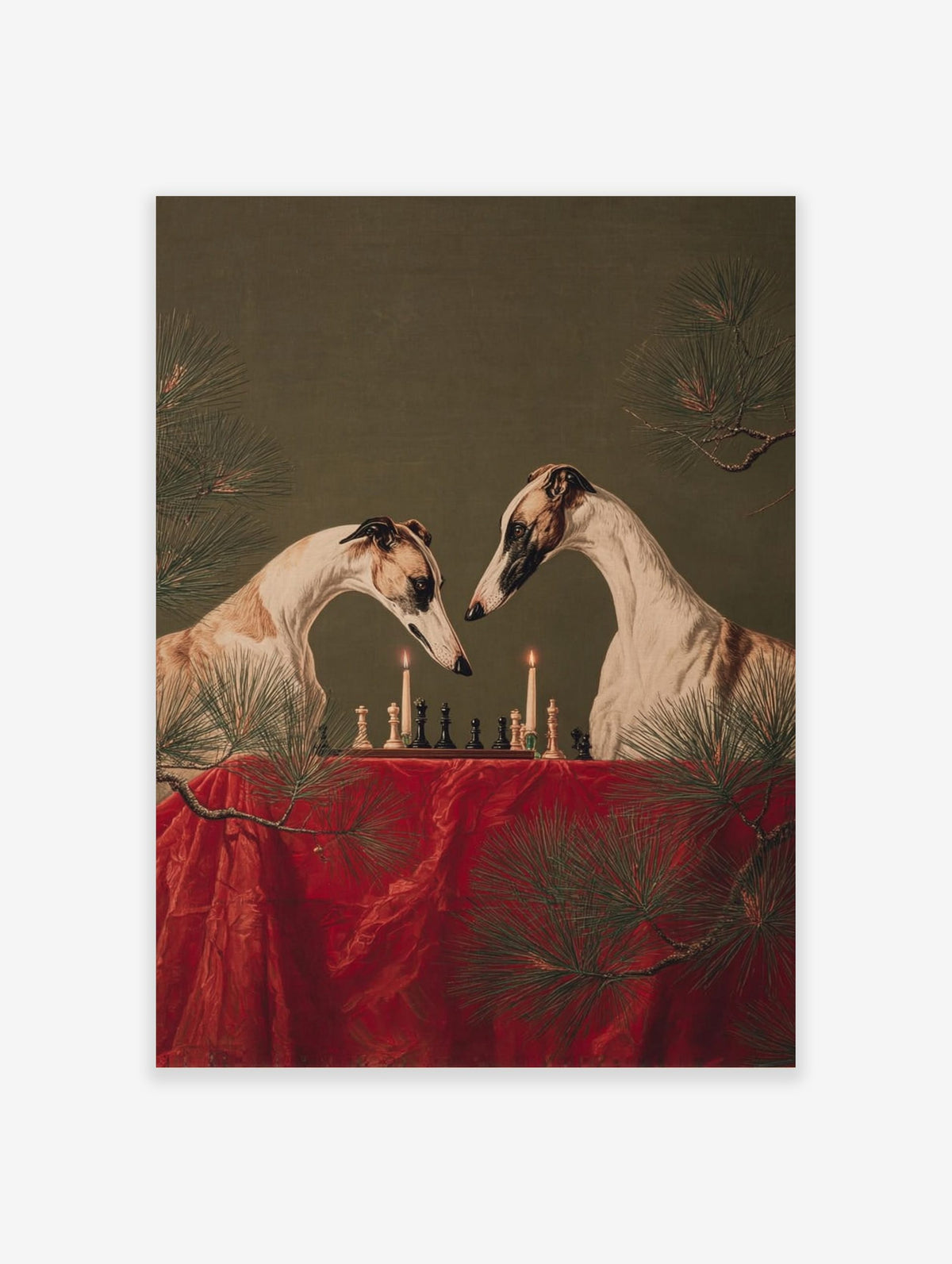 Two greyhounds playing chess by candlelight on a red table, with pine branches, against a green background