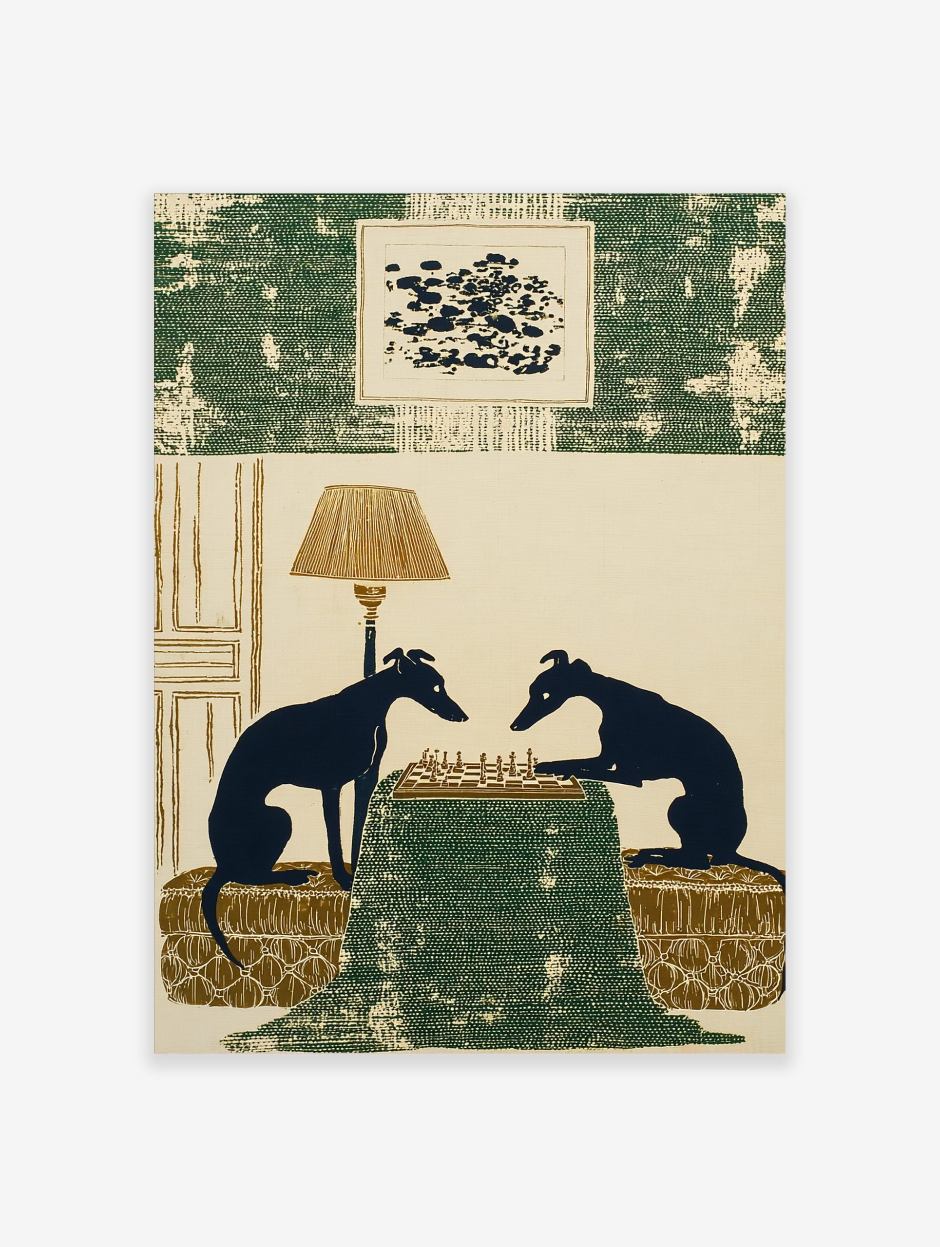Illustrative print of two dark blue greyhound silhouettes playing chess on a green table with a lamp