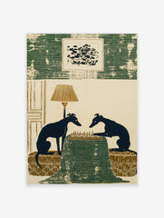 Illustrative print of two dark blue greyhound silhouettes playing chess on a green table with a lamp