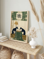 Illustrative print of two dark blue greyhound silhouettes playing chess on a green table with, in an alternate framed mockup