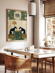 Illustrative print of two dark blue greyhound silhouettes playing chess on a green table with a lamp, in a styled room mockup
