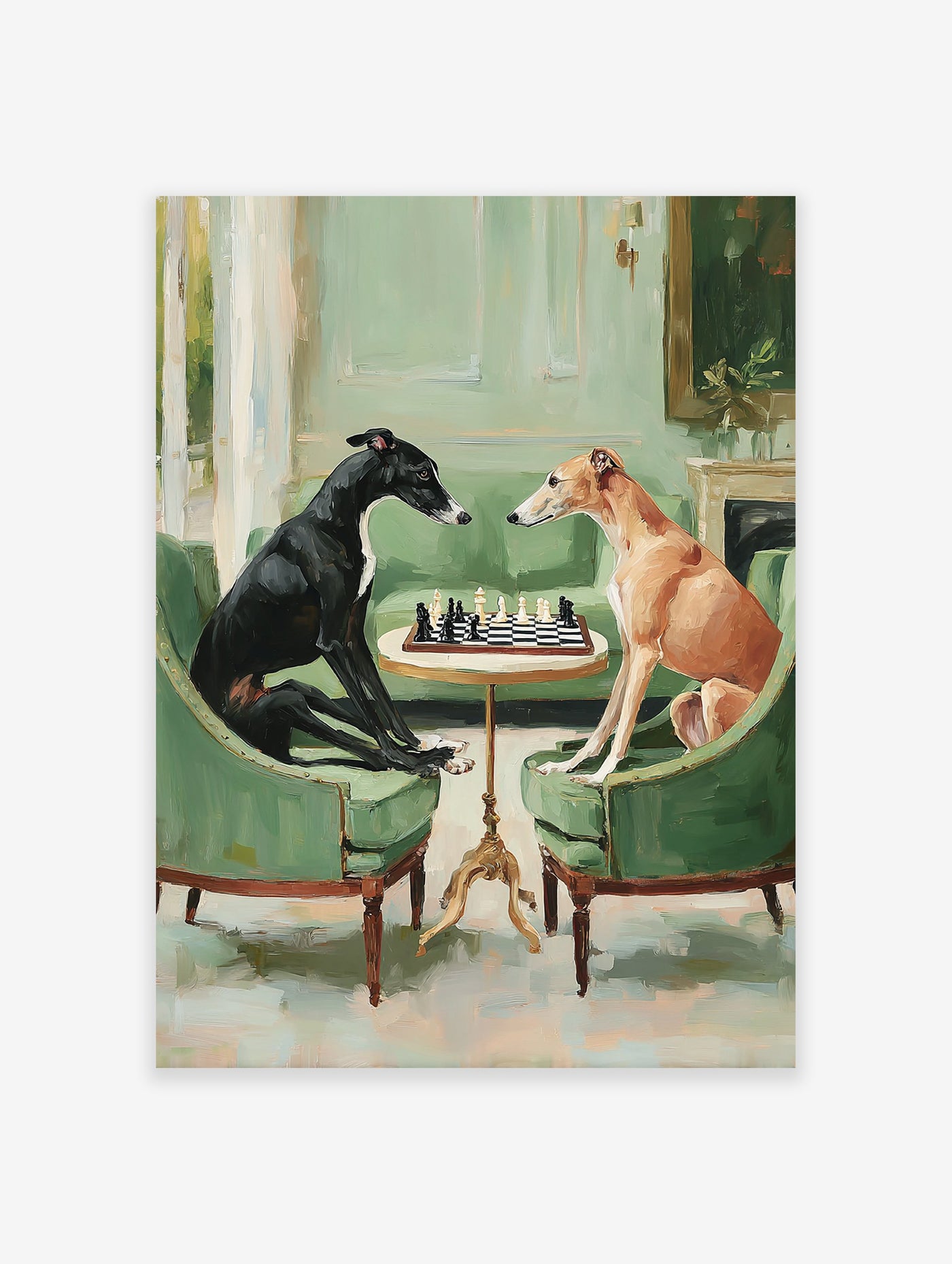 Whimsical painting of two greyhound dogs, one black and one fawn, playing chess in green armchairs in an elegant room.